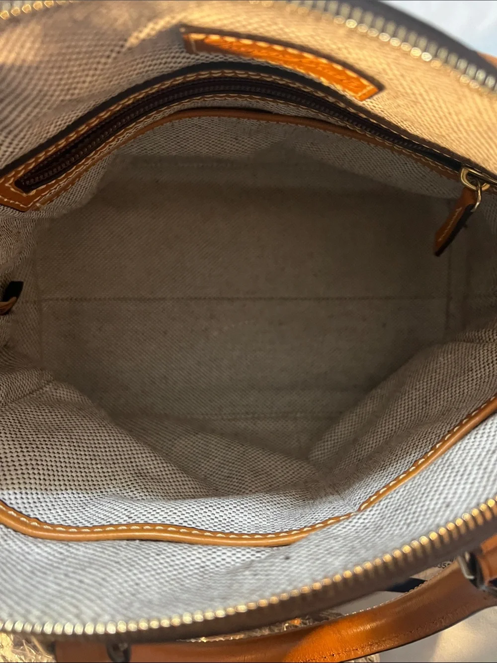Dooney & Bourke Beige Canvas Messenger Bag with Tan Leather Trim